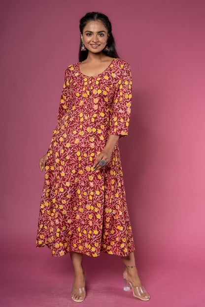 MAROON BLOCK PRINTED ANARKALI DRESS-NFD34