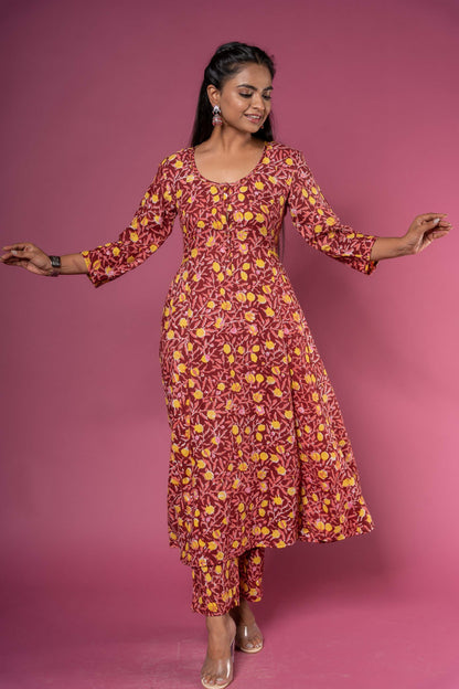 MAROON BLOCK PRINTED ANARKALI KURTA SET-KS461