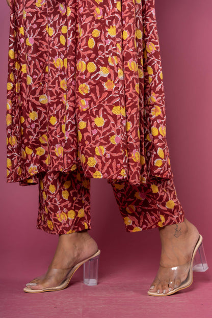 MAROON BLOCK PRINTED ANARKALI KURTA SET-KS461
