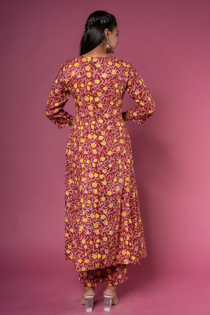 MAROON BLOCK PRINTED ANARKALI KURTA SET-KS461