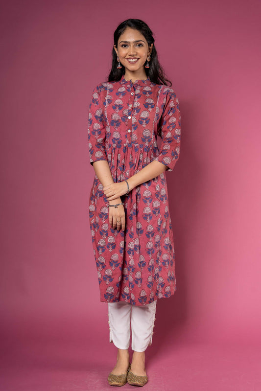 ROSE WINE BLOCK PRINTED KURTA SET-KS448