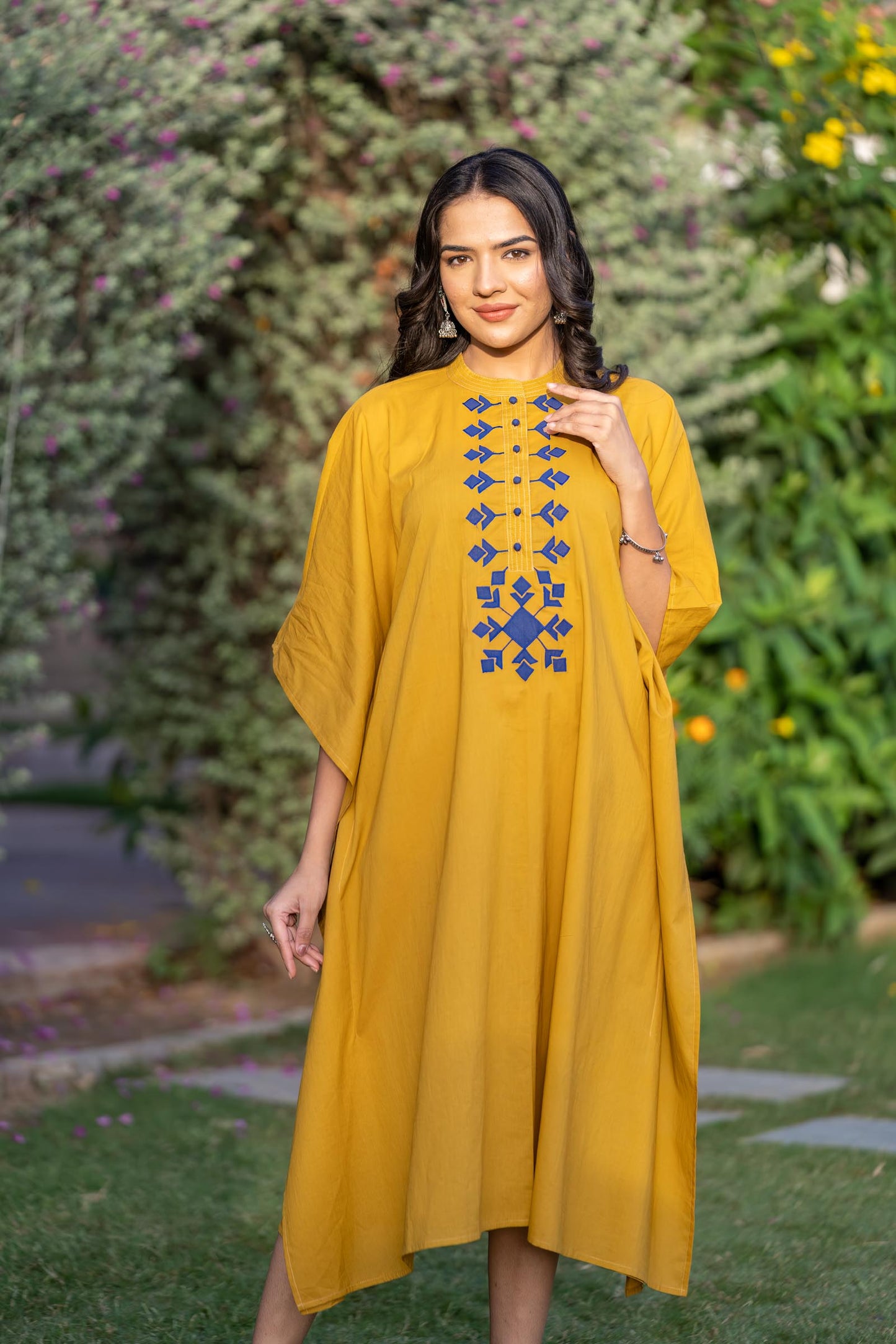 MUSTARD BLUE APPLIQUE WORK COTTON KAFTAN-NVK412