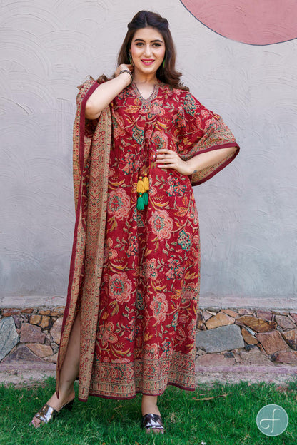 Brick Red Floral Block Print Cotton Kaftan-NVK208