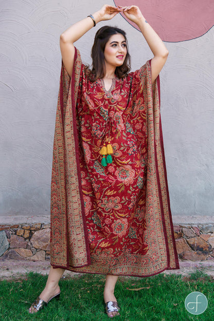Brick Red Floral Block Print Cotton Kaftan-NVK208