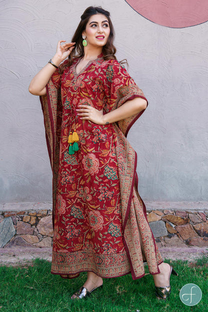 Brick Red Floral Block Print Cotton Kaftan-NVK208