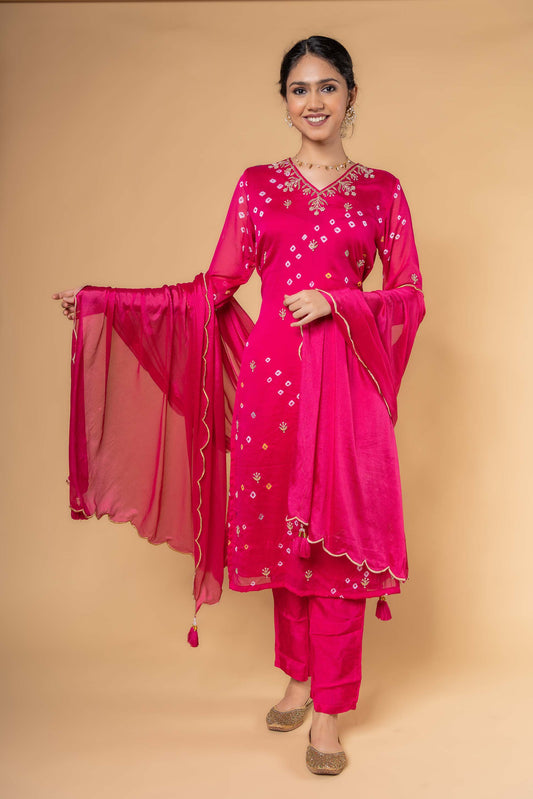 PINK BANDHEJ KURTA DUPATTA SET-KS445