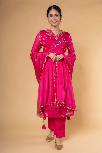 PINK BANDHEJ KURTA DUPATTA SET-KS445