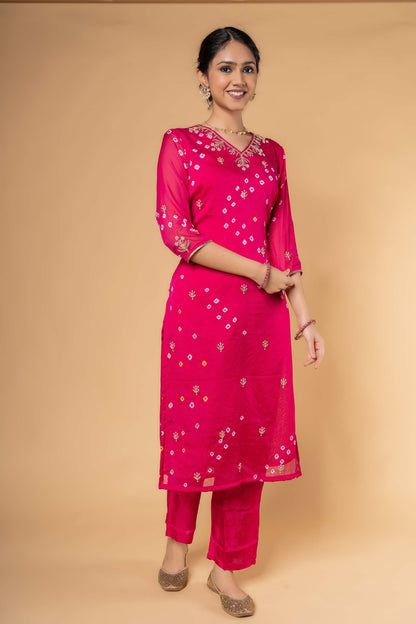 PINK BANDHEJ KURTA DUPATTA SET-KS445