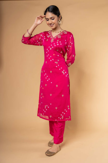 Pink Hand Embroidery Kurta Set-KS438