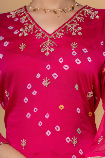 PINK BANDHEJ KURTA DUPATTA SET-KS445
