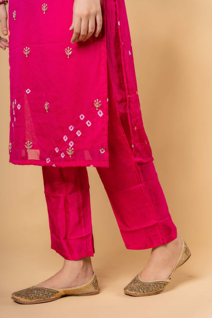 PINK BANDHEJ KURTA DUPATTA SET-KS445