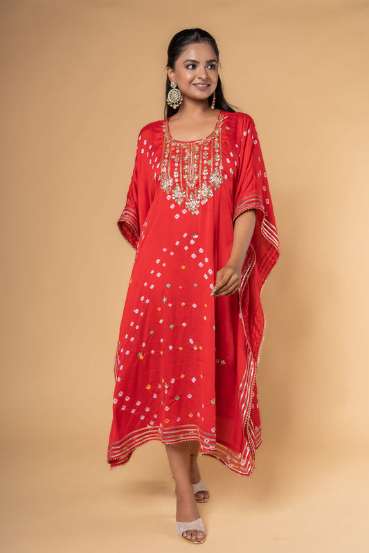 RED BANDHEJ HAND WORK KAFTAN-NVK320