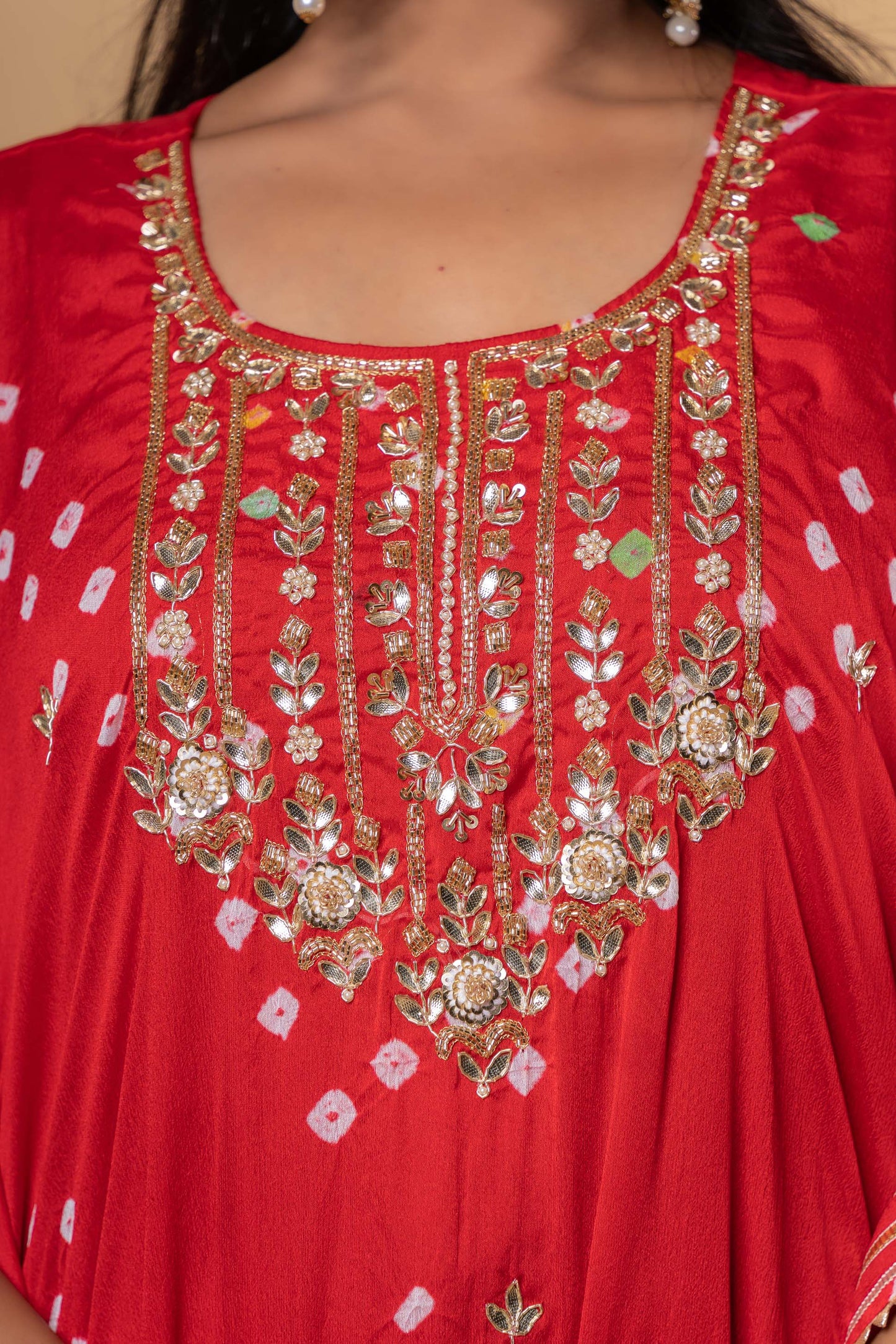 RED BANDHEJ HAND WORK KAFTAN-NVK320