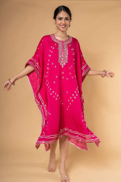 PINK BANDHEJ HAND WORK KAFTAN-NVK321