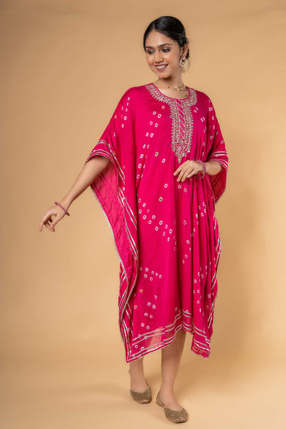 PINK BANDHEJ HAND WORK KAFTAN-NVK321