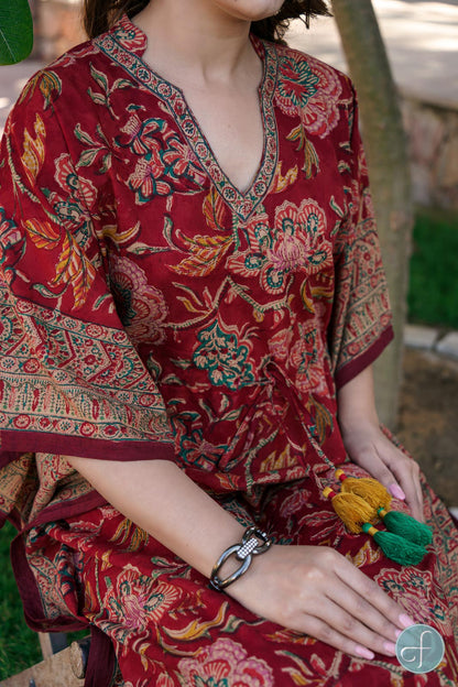 Brick Red Floral Block Print Cotton Kaftan-NVK208