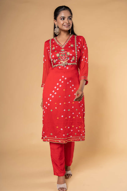 Red Hand Embroidery Kurta Set-KS433