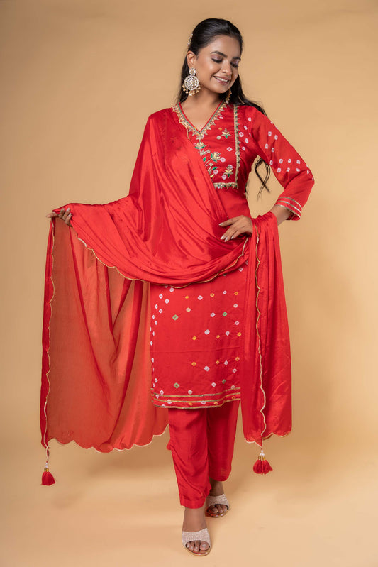 RED BANDHEJ KURTA DUPATTA SET-KS444