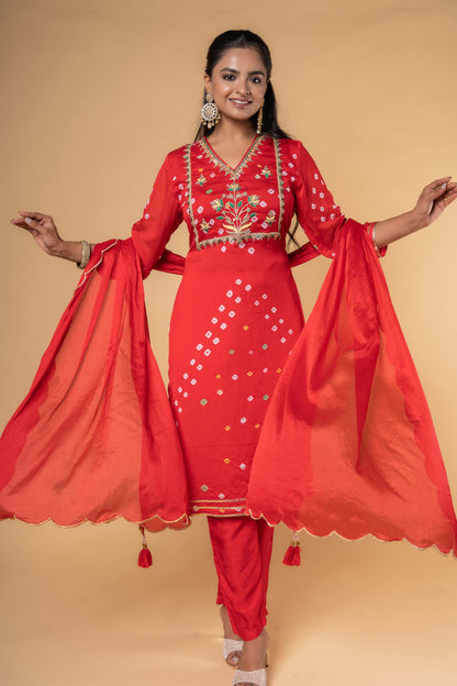 RED BANDHEJ KURTA DUPATTA SET-KS444