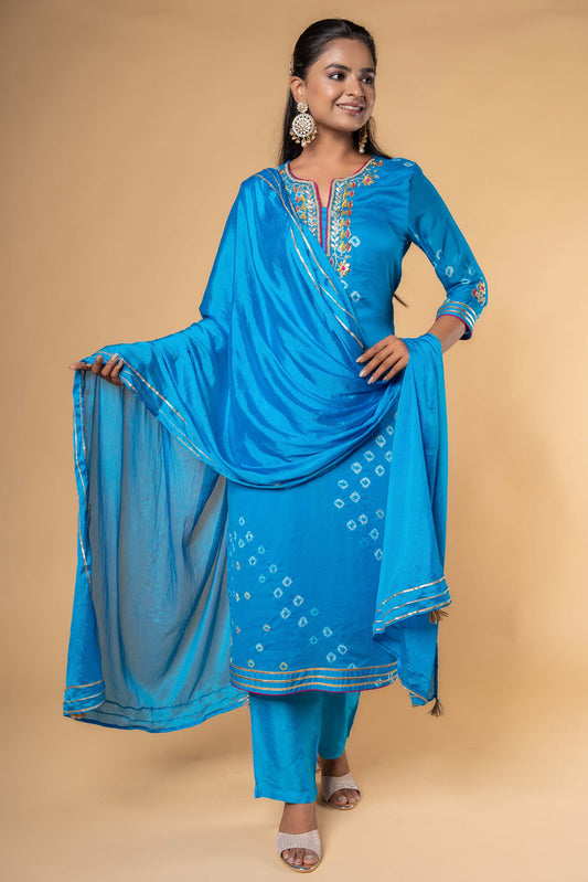 BLUE BANDHEJ KURTA DUPATTA SET-KS443