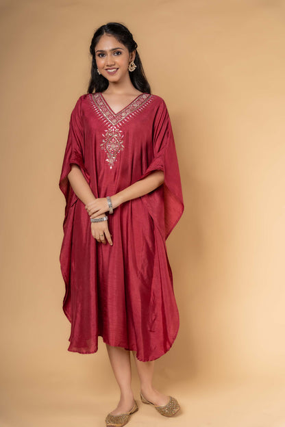 MAROON DOLA SILK KAFTAN-NVK325