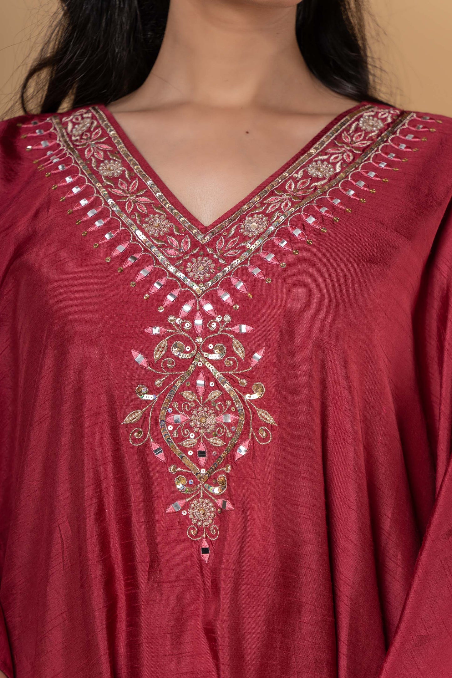 MAROON DOLA SILK KAFTAN-NVK325