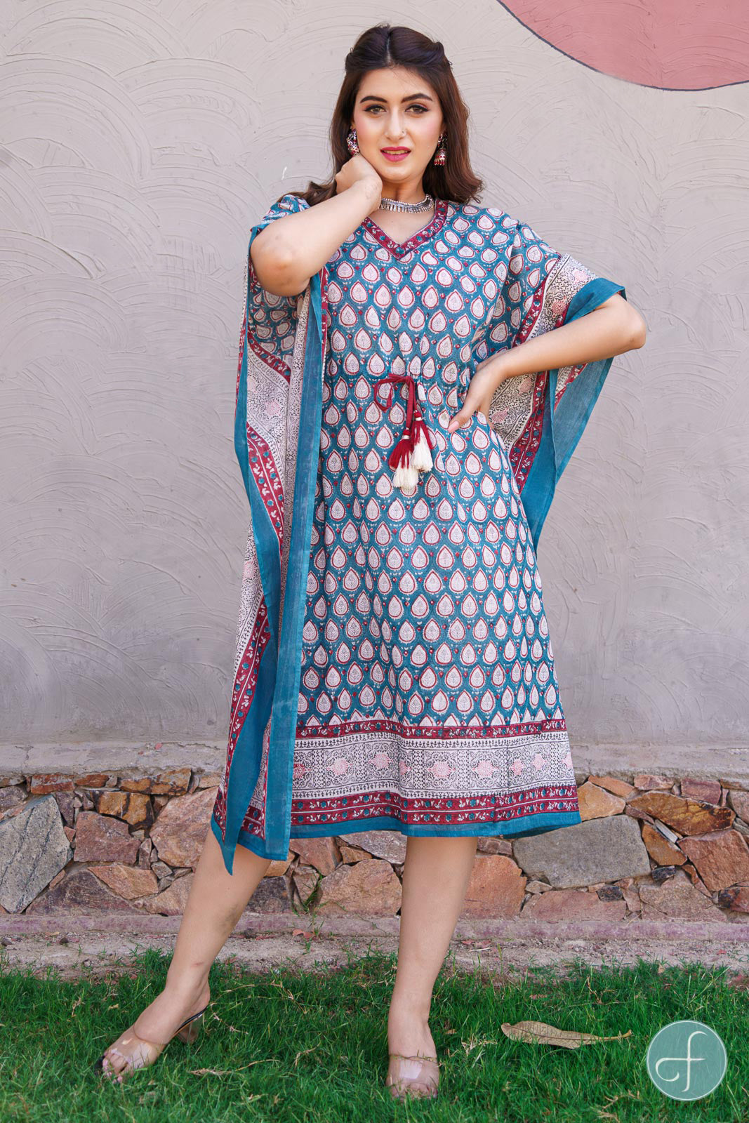 BLUE BORDERED BLOCK PRINT KAFTAN -NVK187