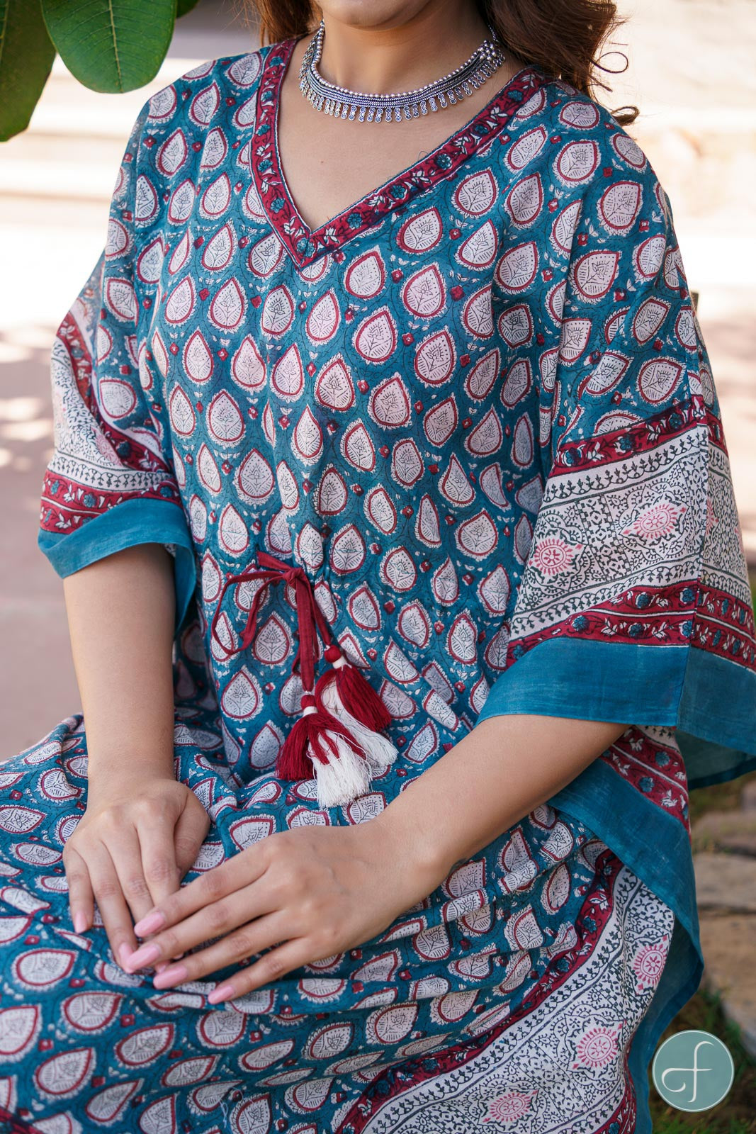 BLUE BORDERED BLOCK PRINT KAFTAN -NVK187