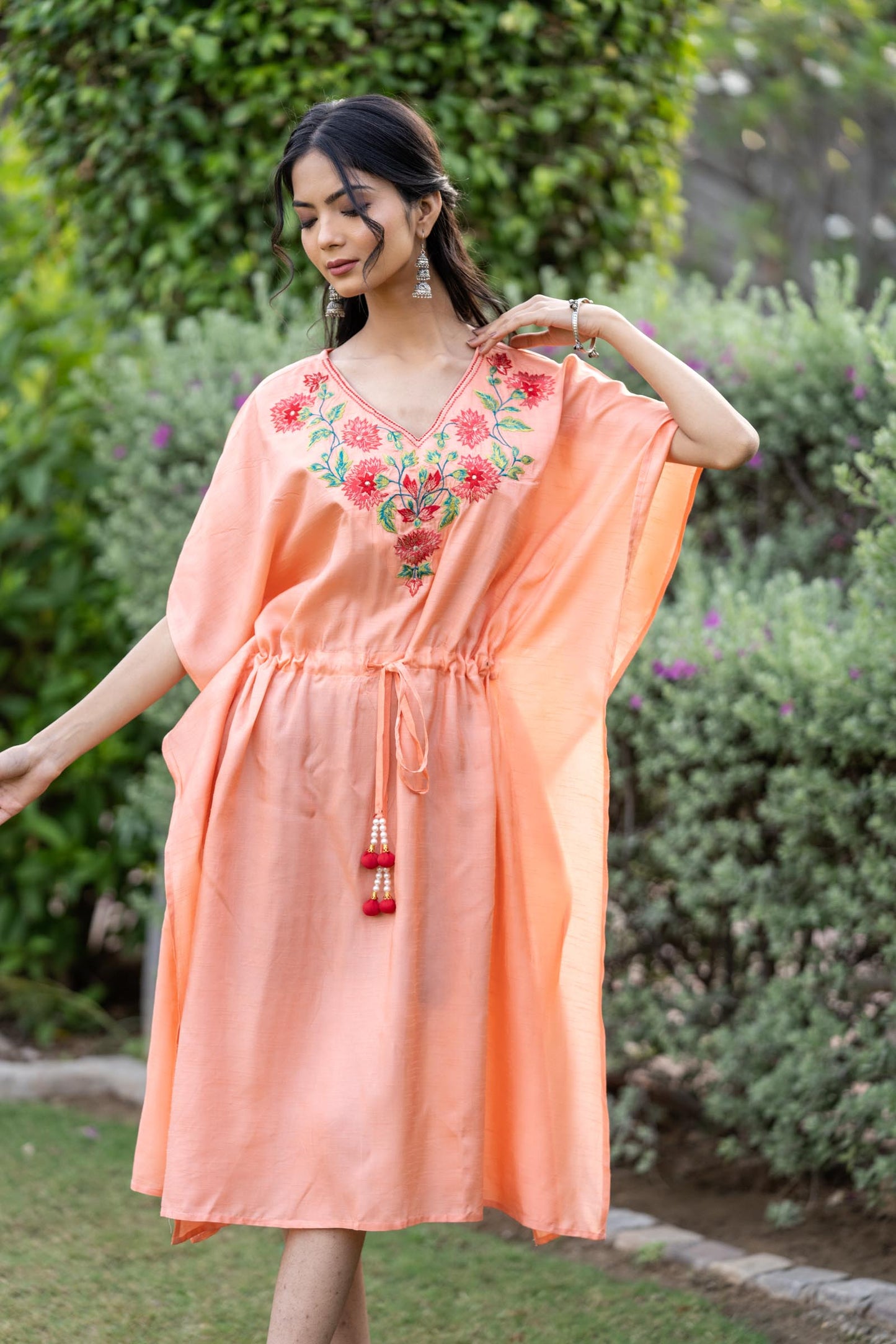 CORAL PEACH EMBROIDERED DOLA SILK KAFTAN-NVK410