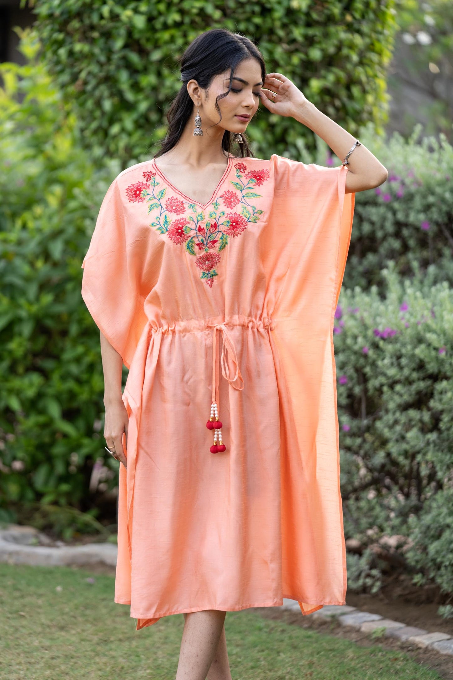 CORAL PEACH EMBROIDERED DOLA SILK KAFTAN-NVK410