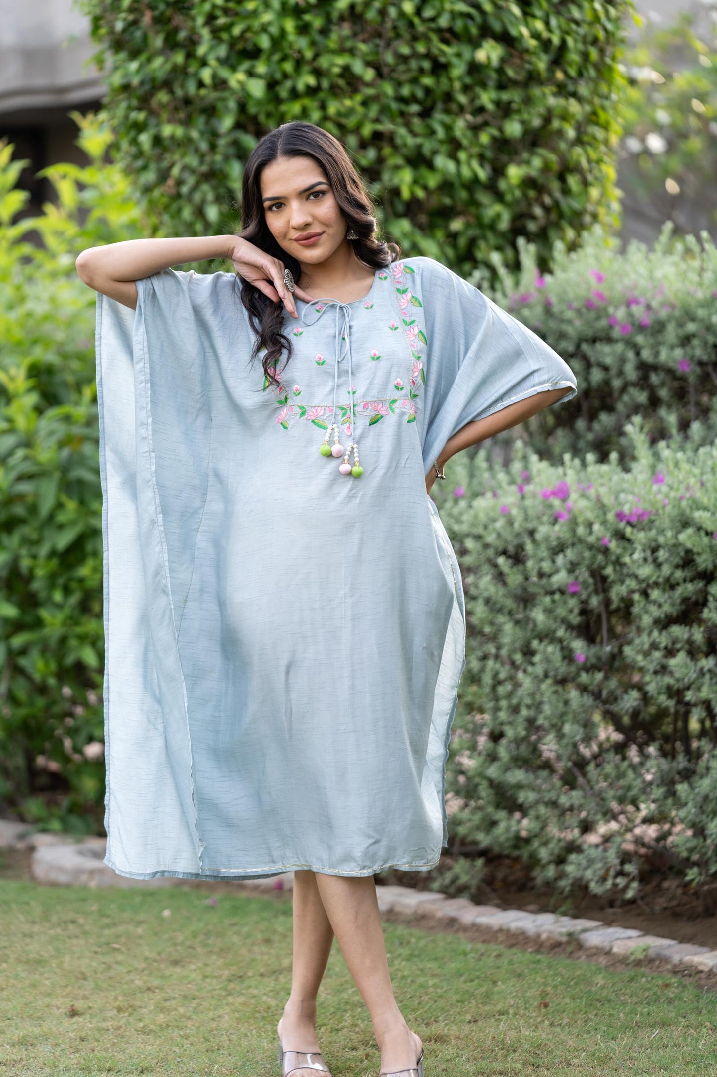 GREY EMBRIDERED DOLA SILK KAFTAN-NVK406