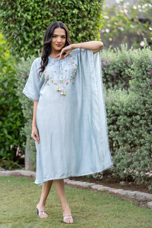 GREY EMBRIDERED DOLA SILK KAFTAN-NVK406