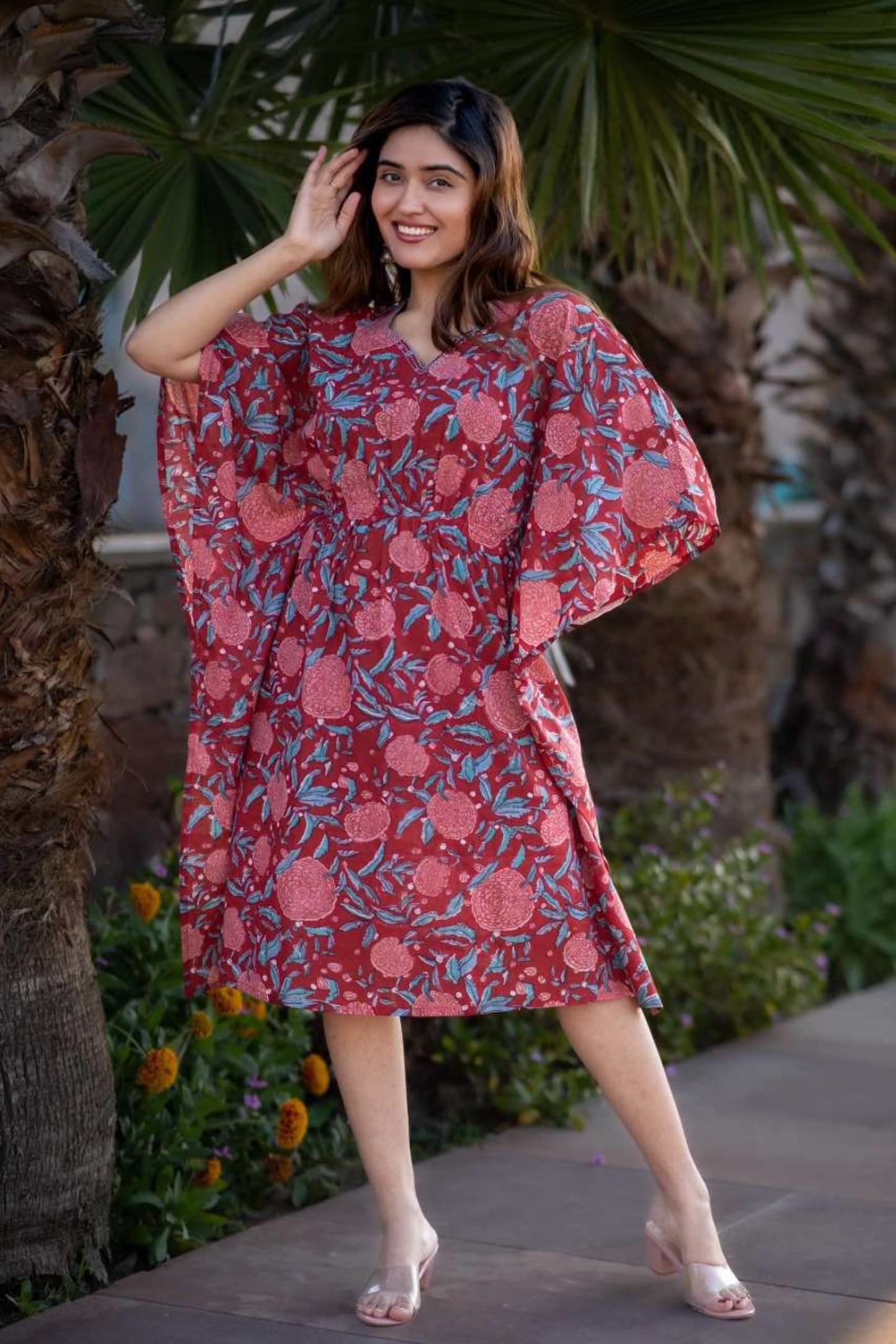 RED BLOCK PRINTED KAFTAN-NVK439