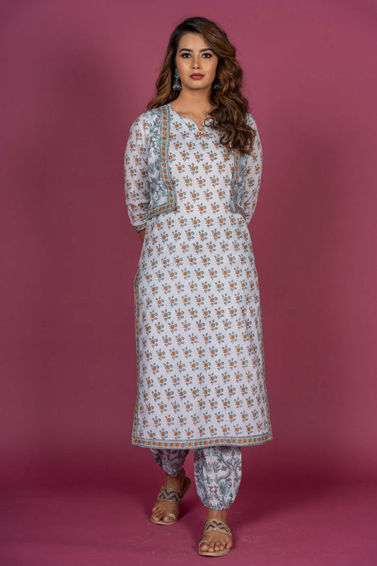 Mist Blue Floral Block Printed Kurta Set-KS313