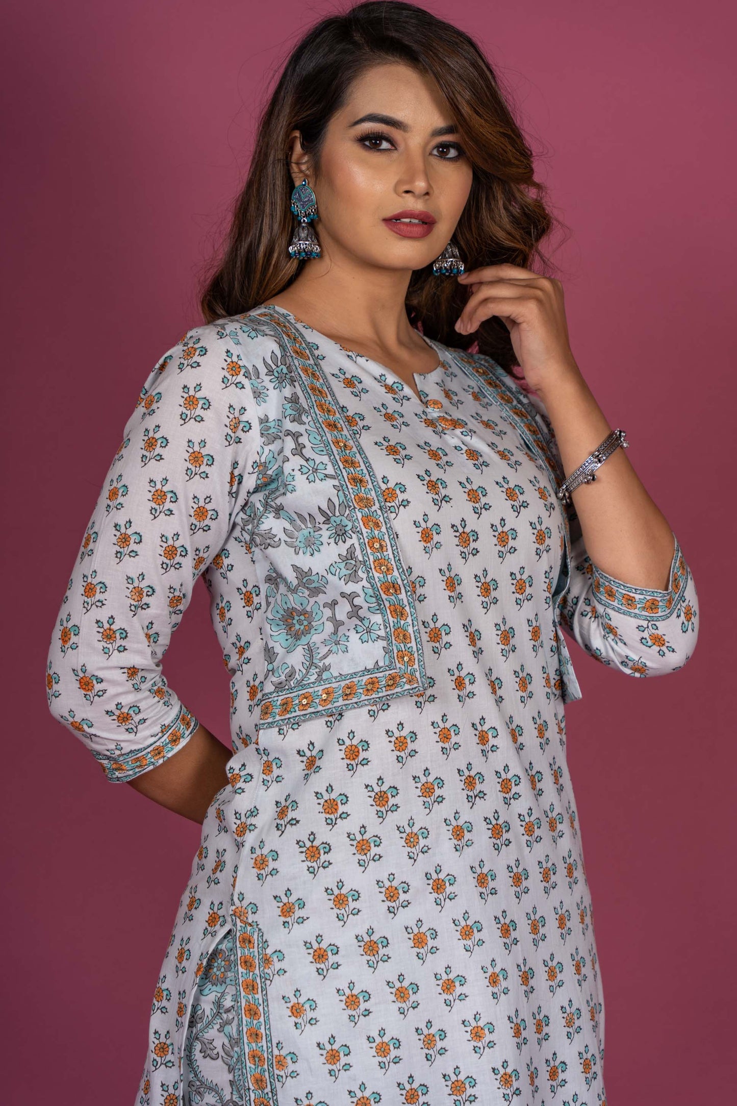 Mist Blue Floral Block Printed Kurta -KS330