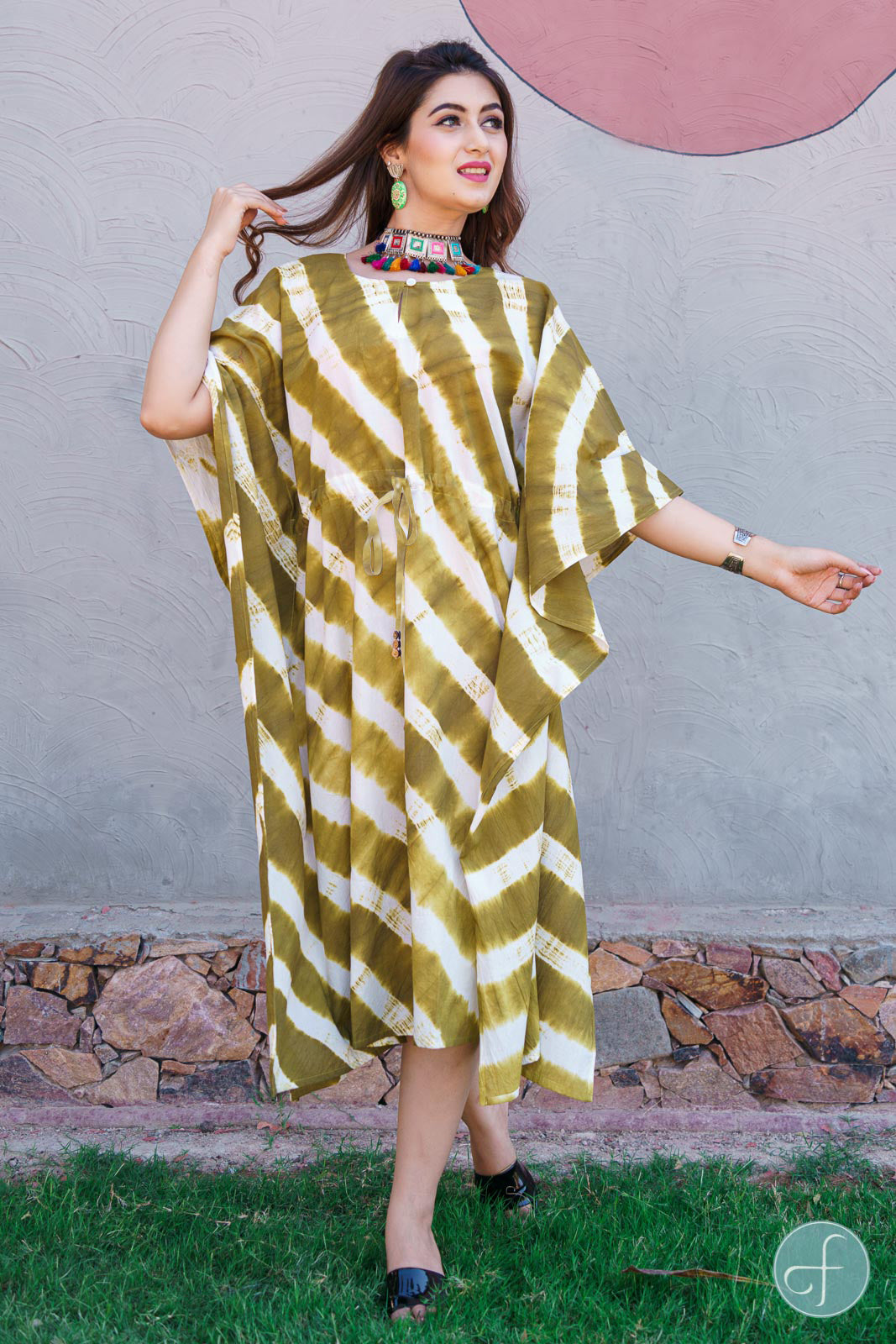 HERBAL GREEN SHIBORI BLOCK PRINT KAFTAN-NVK207