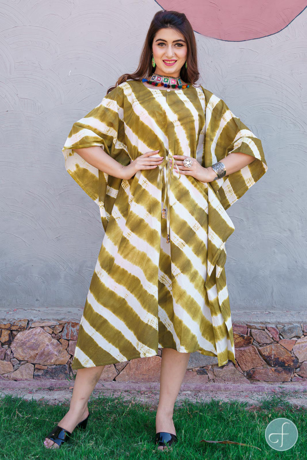 HERBAL GREEN SHIBORI BLOCK PRINT KAFTAN-NVK207