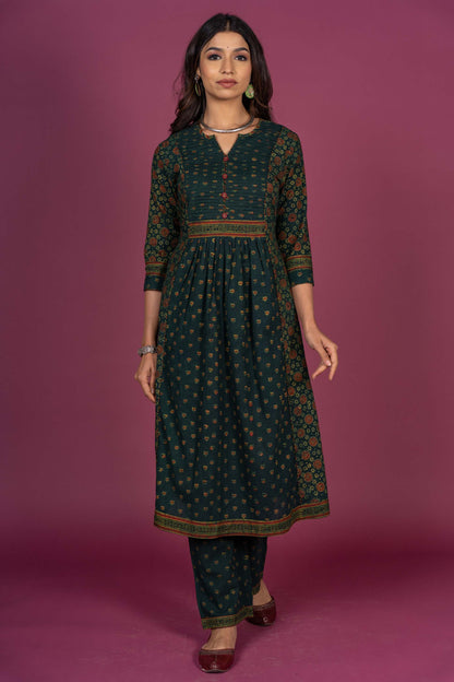 Green Ajrakh Block Printed Kurta Set-KS310