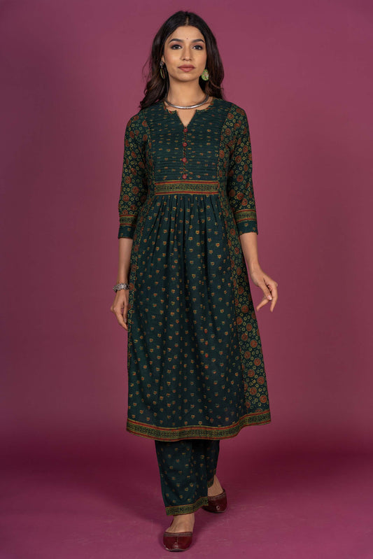 Green Ajrakh Block Printed Kurta Set-KS310