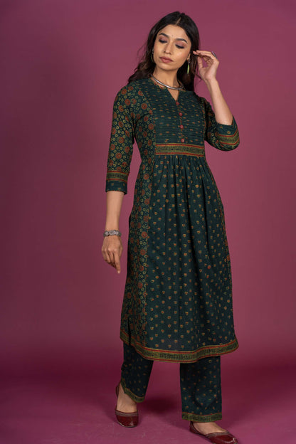 Green Ajrakh Block Printed Kurta Set-KS310
