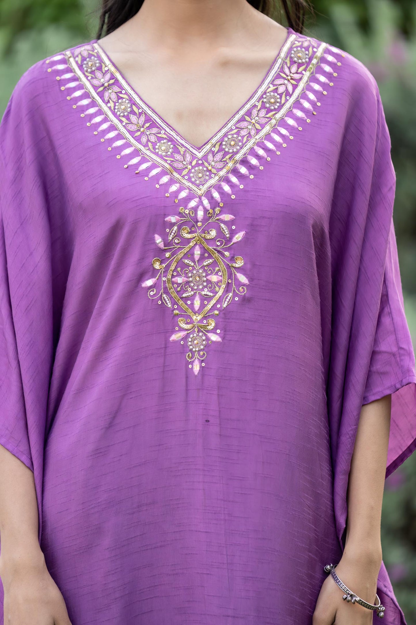 PANSY PURPLE EMBROIDERED DOLA SILK KAFTAN-NVK408