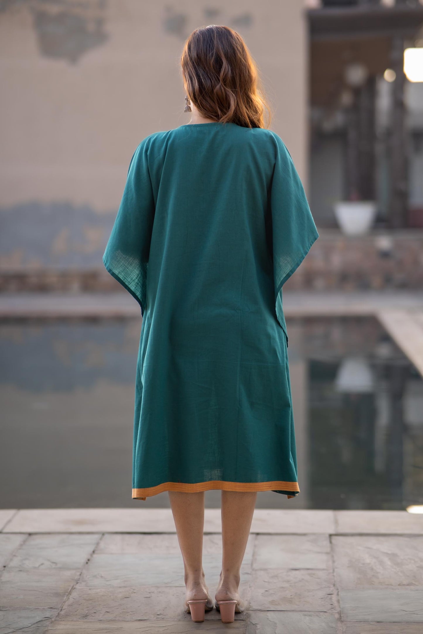 TEAL APPLIQUE WORK KAFTAN-NVK442