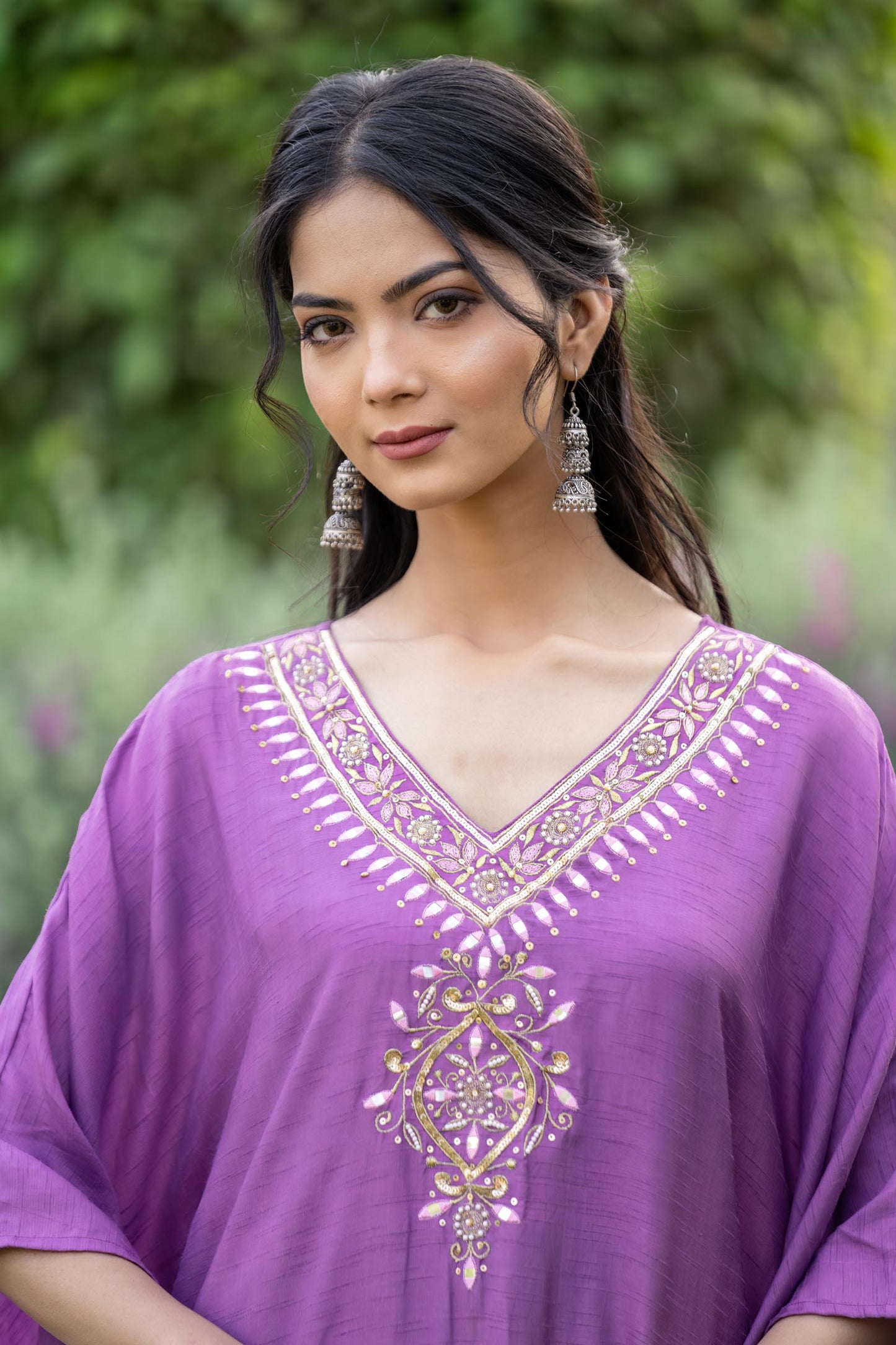 PANSY PURPLE EMBROIDERED DOLA SILK KAFTAN-NVK408