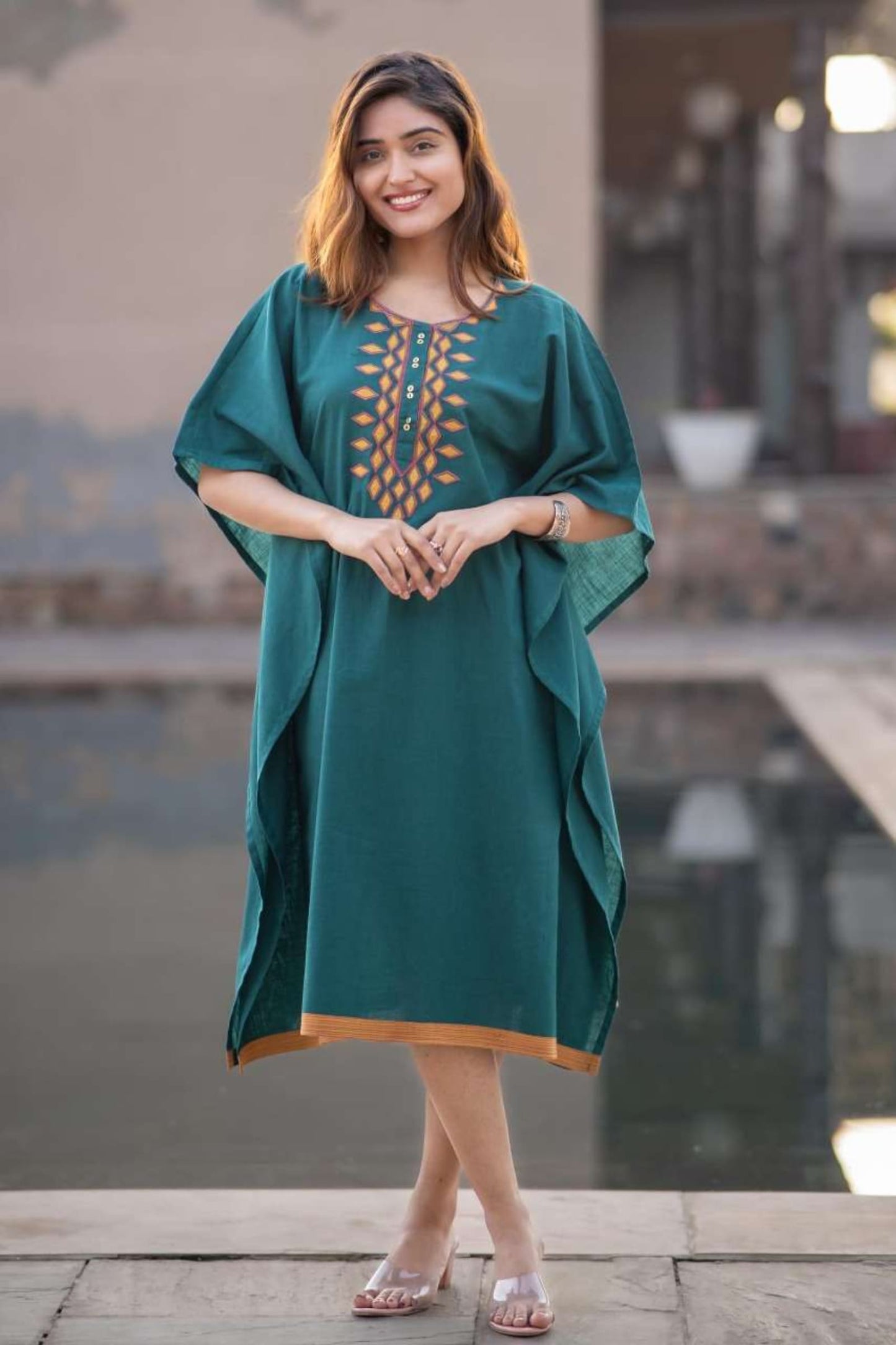 TEAL APPLIQUE WORK KAFTAN-NVK442