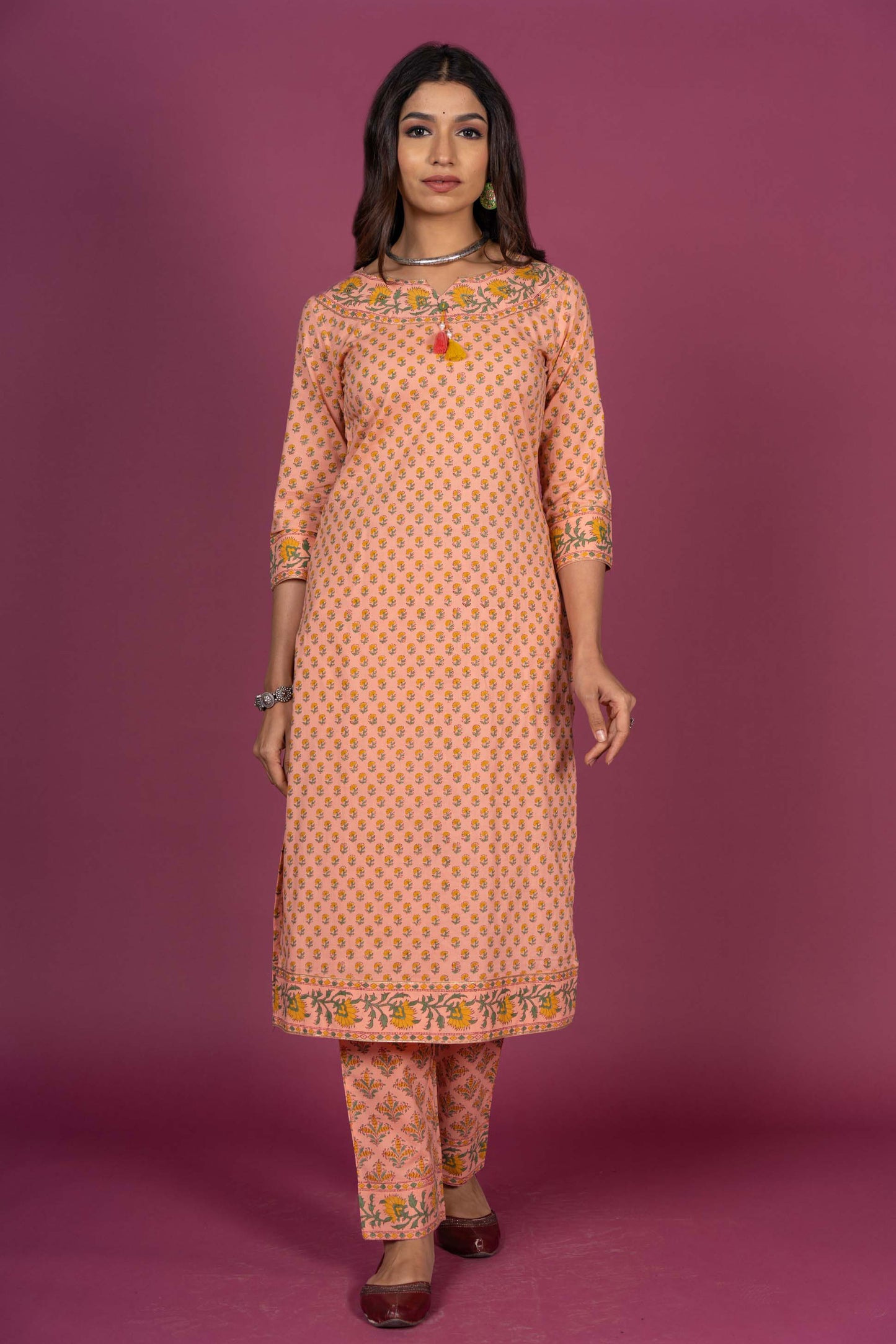 Apricot Peach Block Printed Kurta-KS333