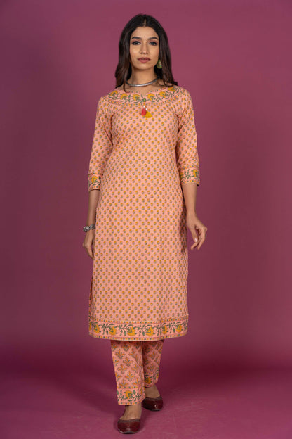 Apricot Peach Block Printed Kurta-KS333