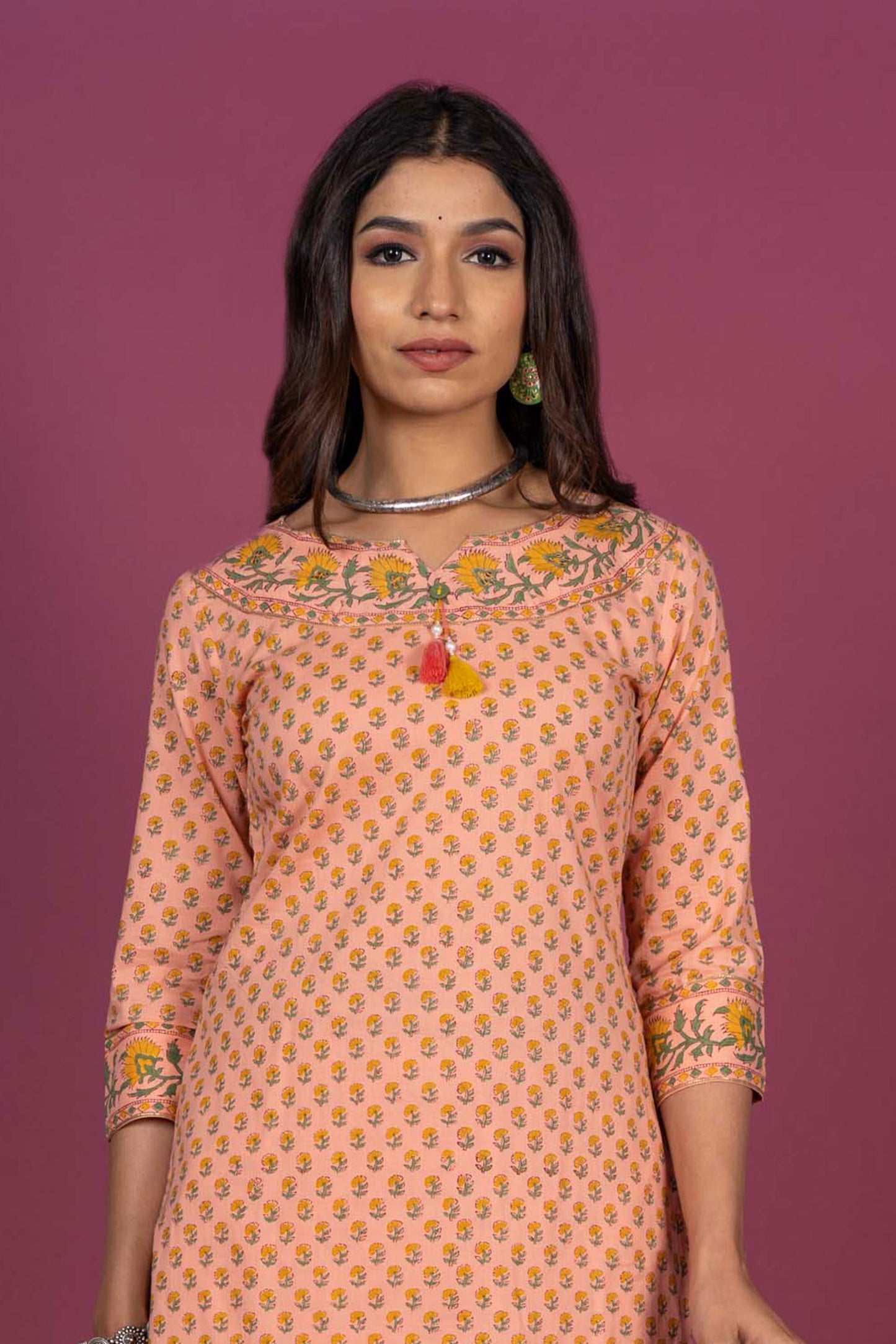 Apricot Peach Block Printed Kurta-KS333