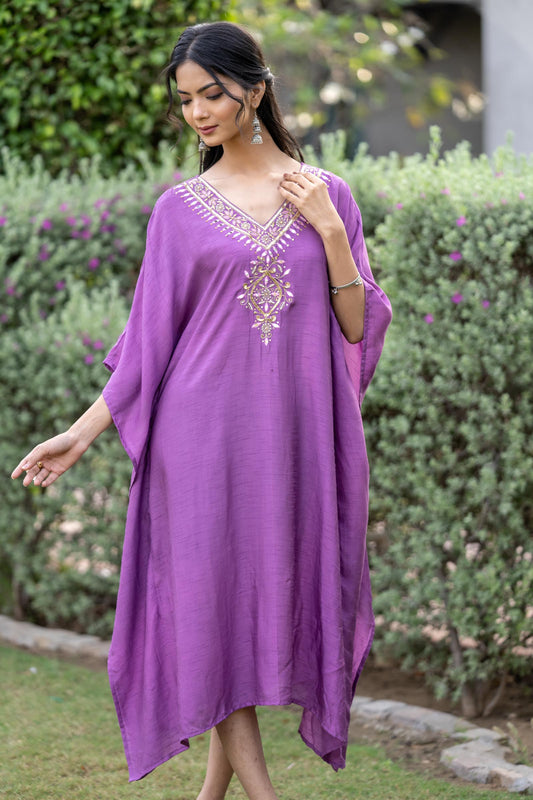 PANSY PURPLE EMBROIDERED DOLA SILK KAFTAN-NVK408