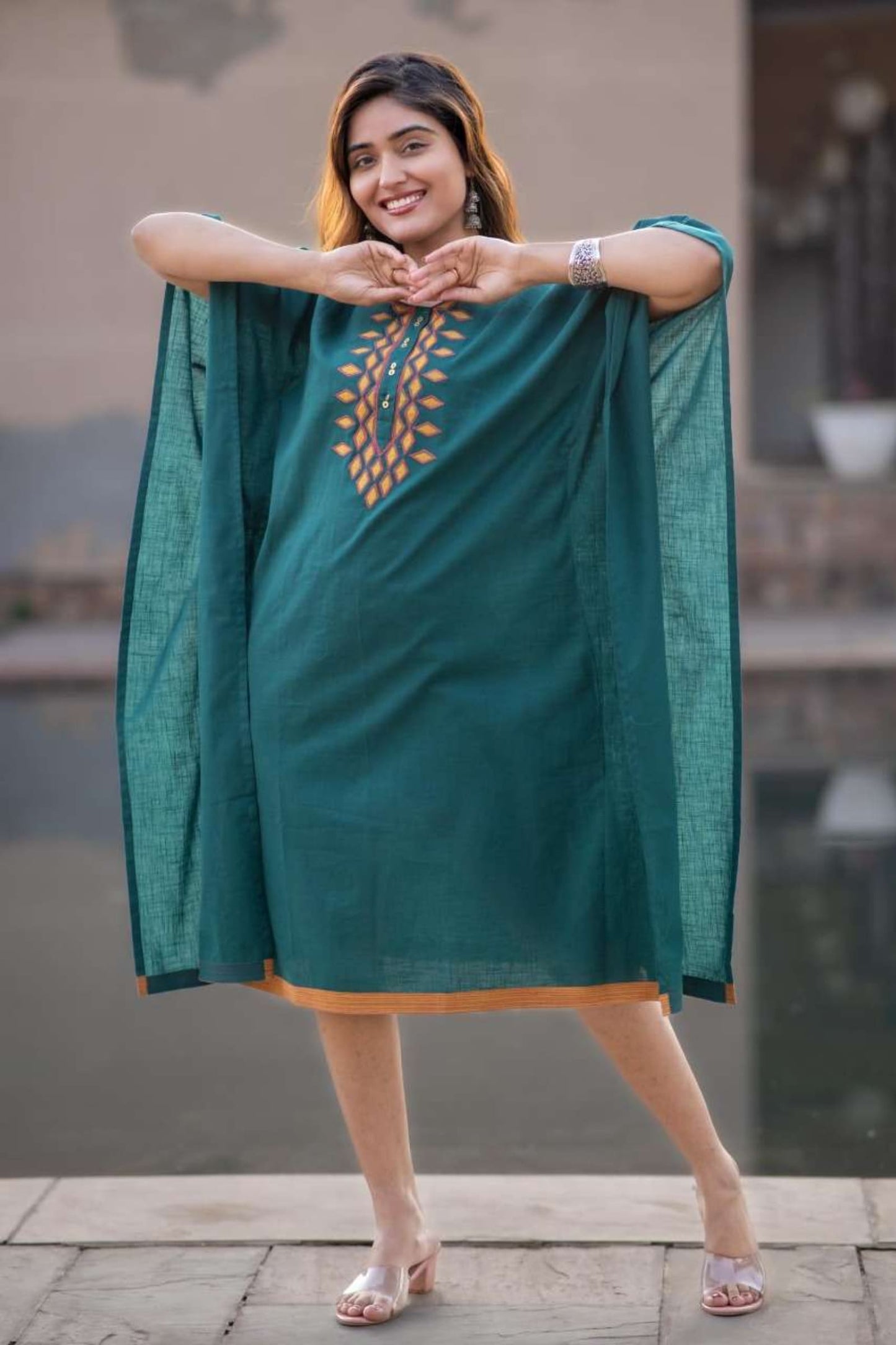 TEAL APPLIQUE WORK KAFTAN-NVK442