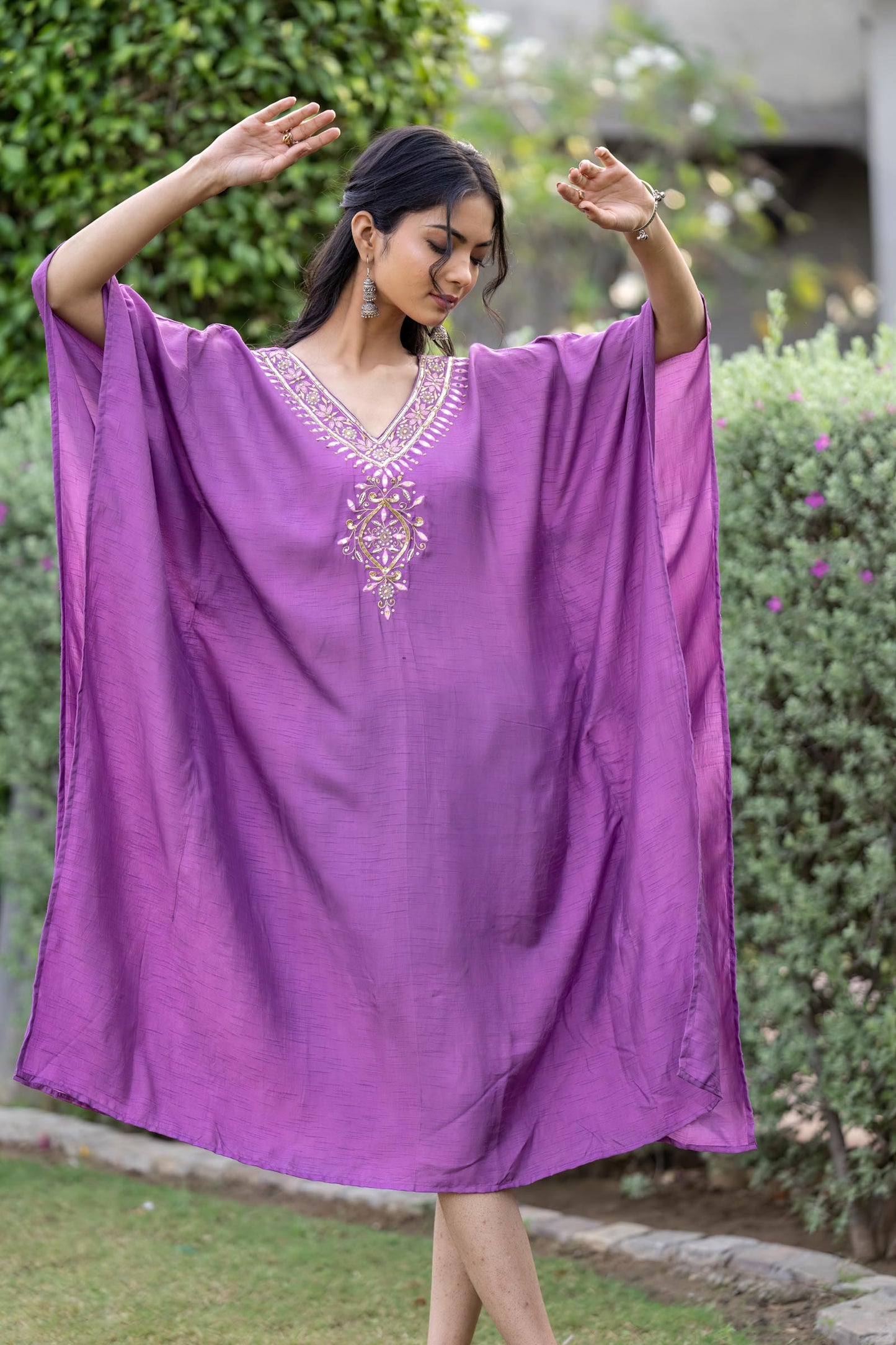 PANSY PURPLE EMBROIDERED DOLA SILK KAFTAN-NVK408